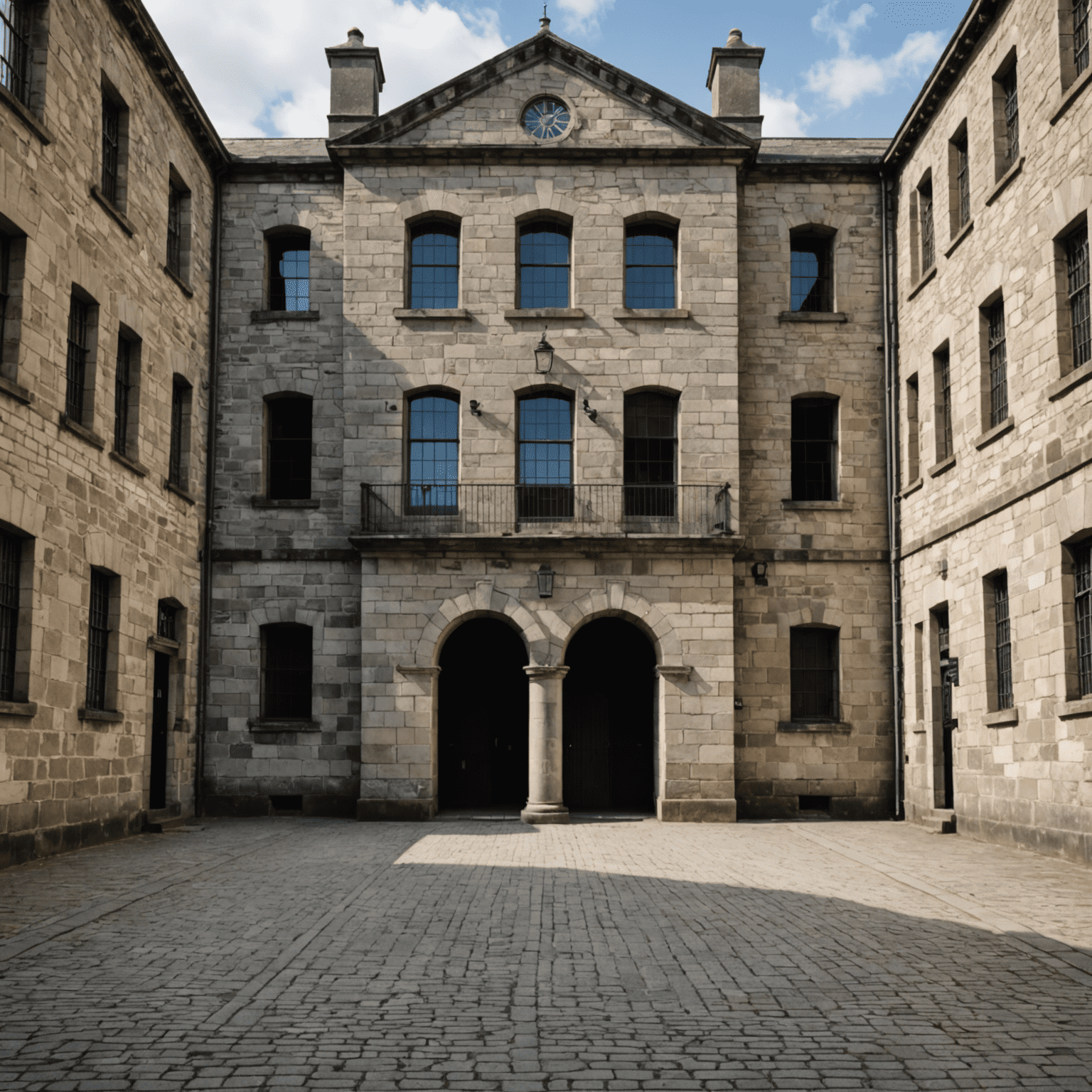 The imposing facade of Kilmainham Gaol, a large stone building with barred windows and a sense of historical significance