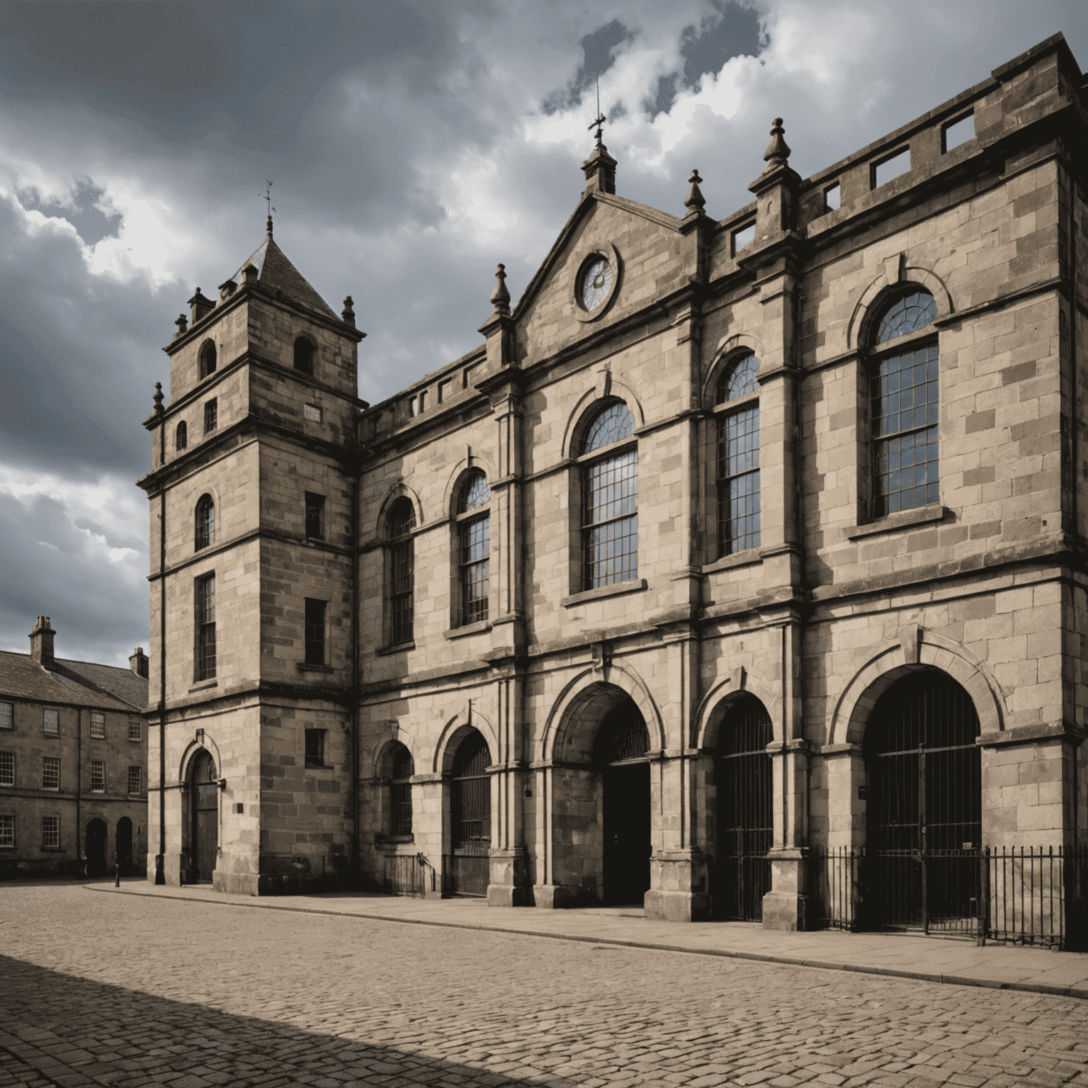 Exterior view of Kilmainham Gaol, a large stone building with barred windows and an imposing entrance, showcasing its formidable architecture against a cloudy Irish sky