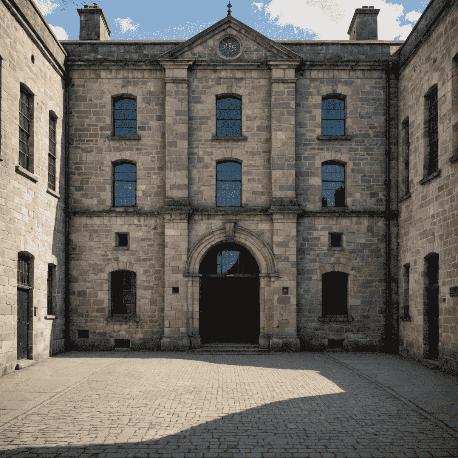 Exterior view of Kilmainham Gaol, a large stone building with barred windows and an imposing entrance, showcasing its historical significance in Irish culture