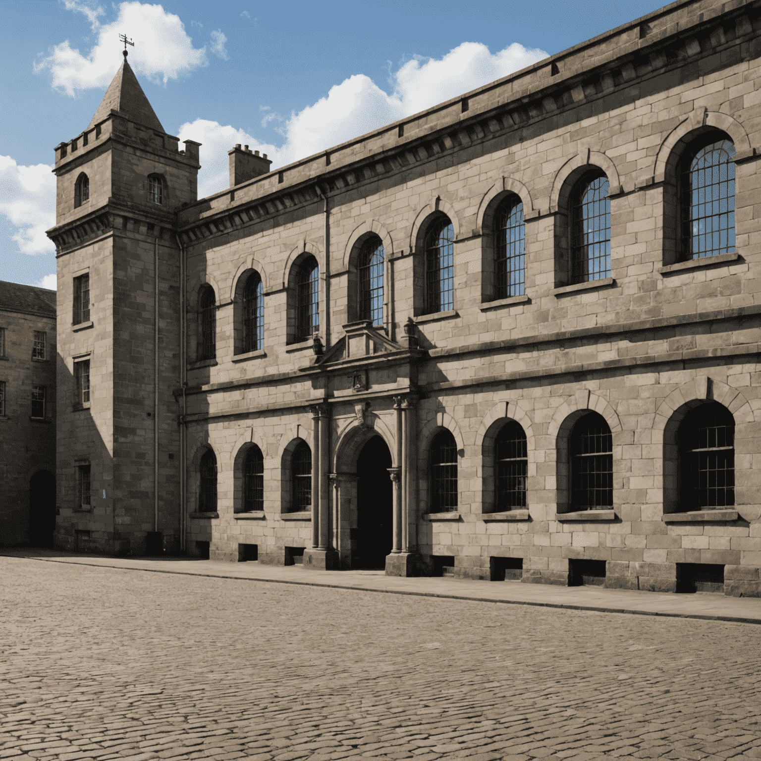 Exterior view of Kilmainham Gaol, a large stone building with imposing architecture, showcasing its historical significance in Dublin, Ireland