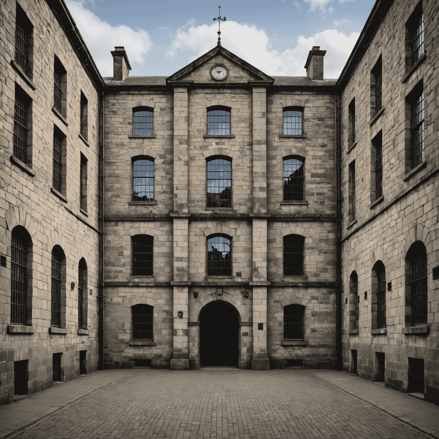 Exterior view of Kilmainham Gaol, showing its imposing stone facade and barred windows, symbolizing its dark history