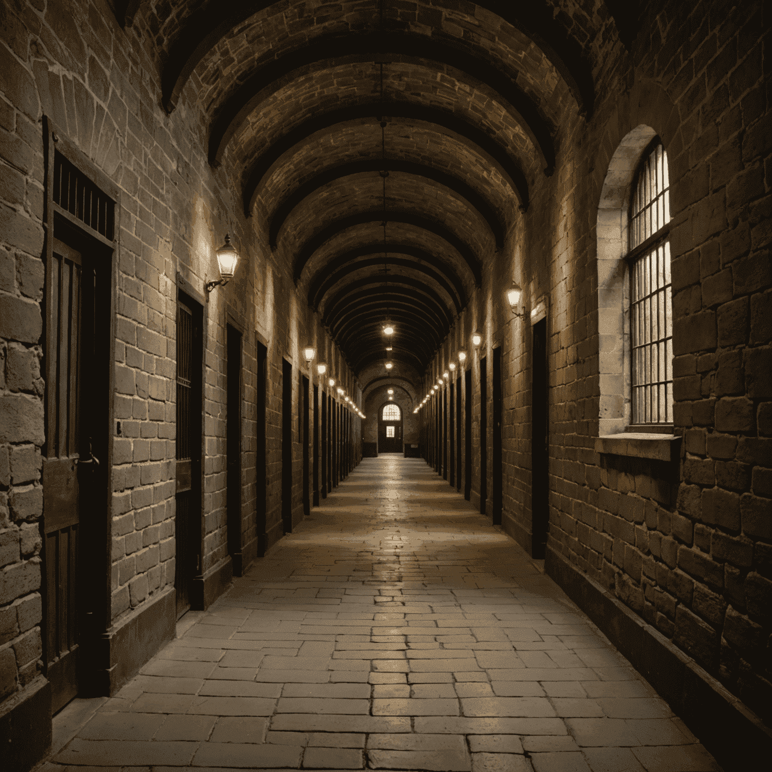 Interior of Kilmainham Gaol showing a long corridor with cells on either side, dimly lit to emphasize the oppressive atmosphere