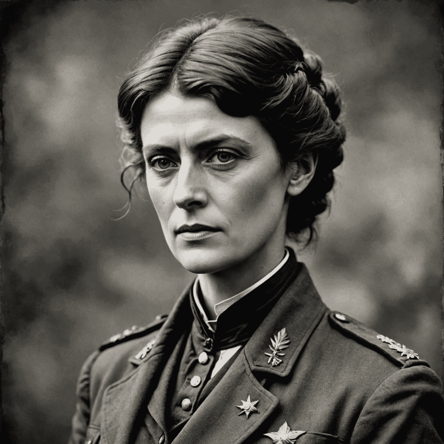 A black and white portrait of Countess Markievicz, a woman with short dark hair and a determined expression, wearing a military-style jacket. She stands as a symbol of women's involvement in the Irish revolutionary movement.