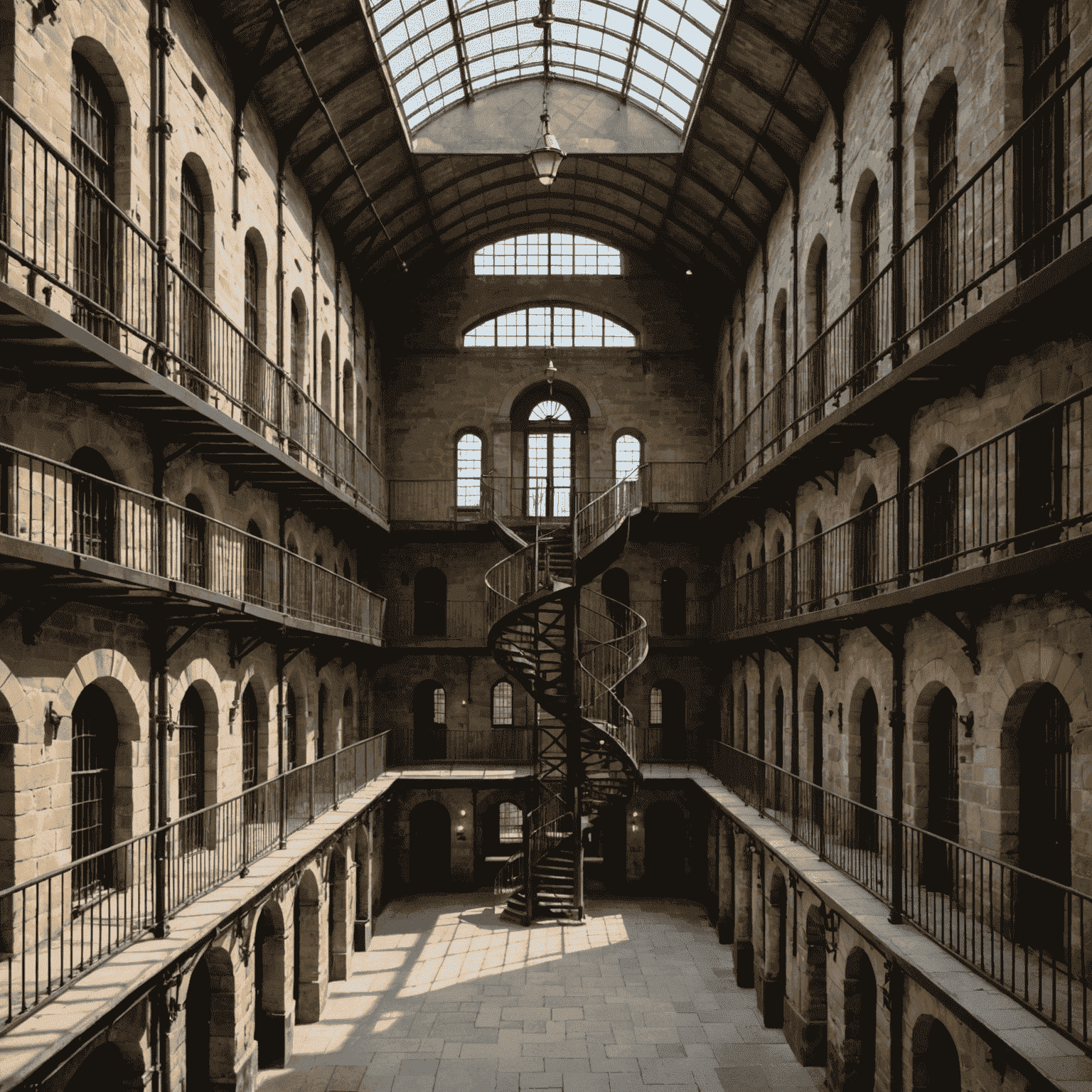 Interior of Kilmainham Gaol's East Wing, showing the central atrium with its iconic iron staircases and balconies