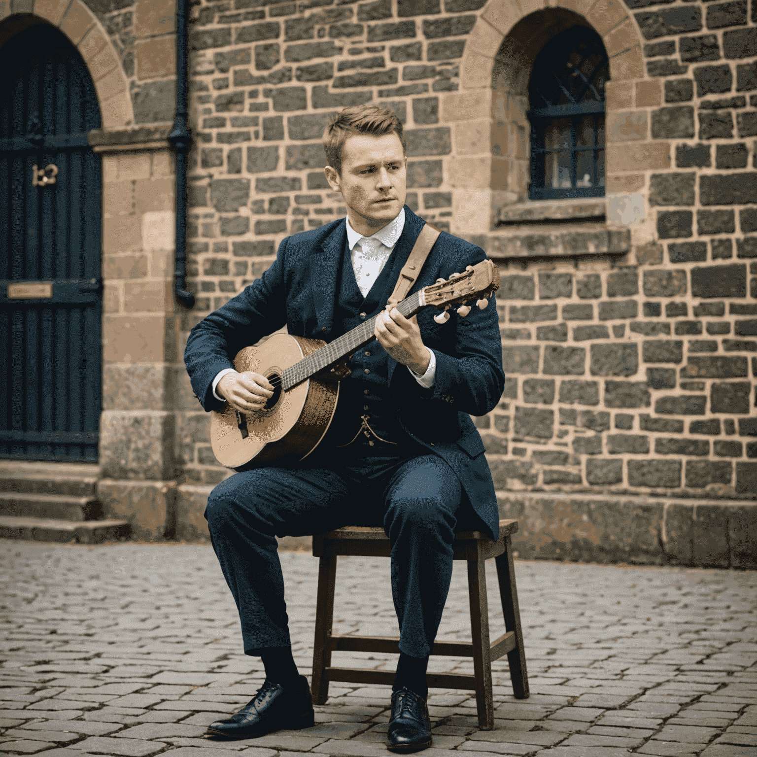 A musician playing a traditional Irish instrument in front of Kilmainham Gaol, symbolizing the connection between the site and Irish musical heritage