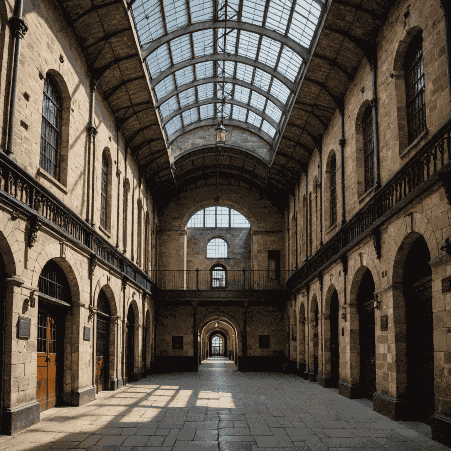 Interior view of Kilmainham Gaol, showing the East Wing with its iconic Victorian design, iron walkways, and natural light streaming through the glass ceiling