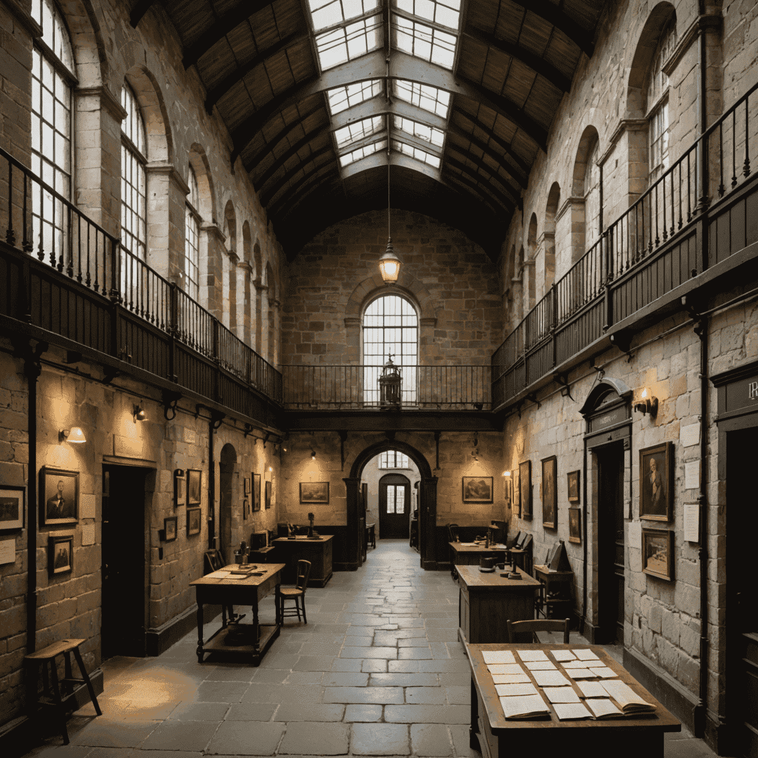 The restored Kilmainham Gaol museum, showing exhibits of prisoner artifacts, historical documents, and photographs that tell the story of Irish independence