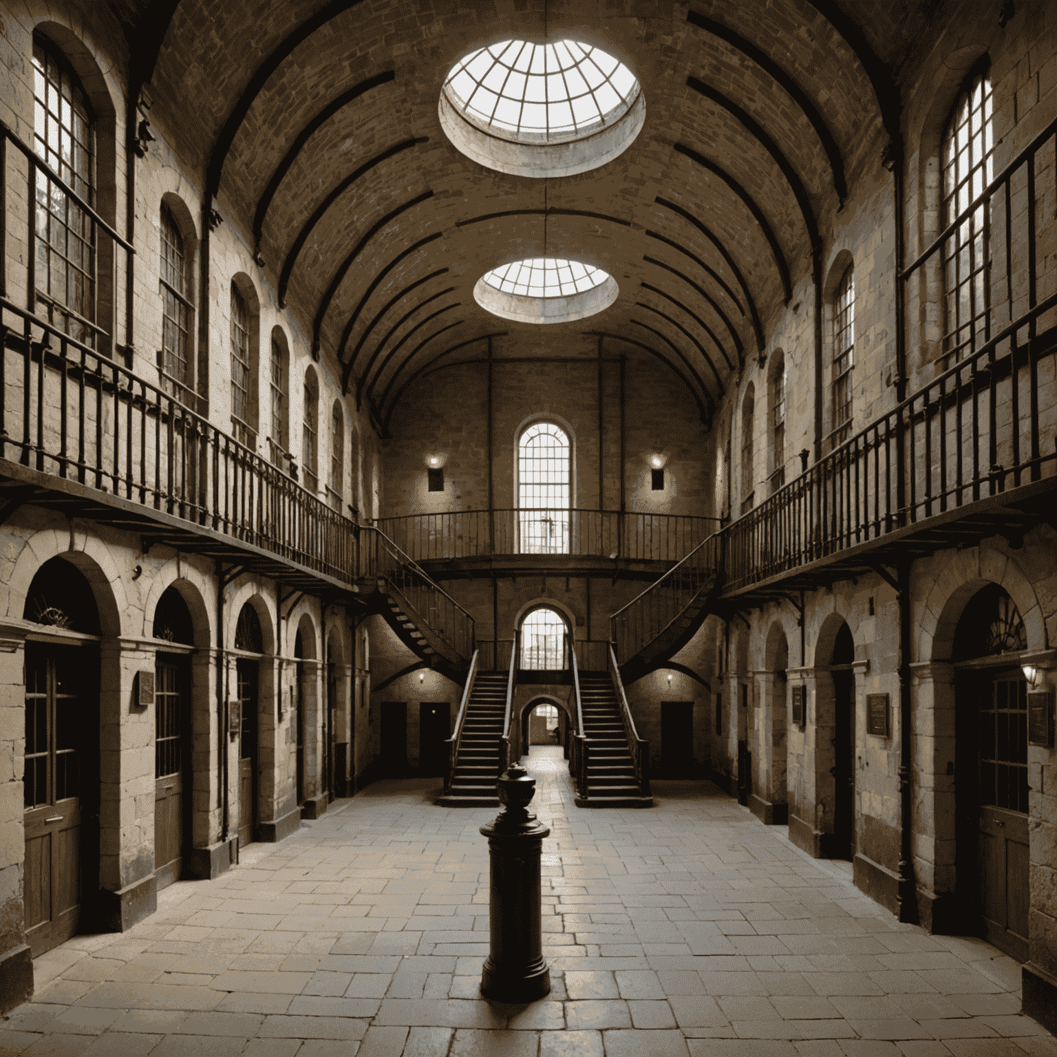 Interior view of Kilmainham Gaol showcasing its unique Victorian 'panopticon' design, with restored cells and walkways